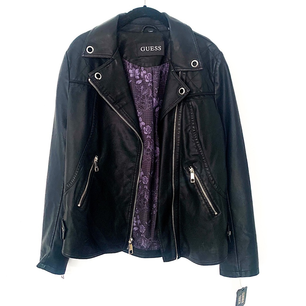Guess Black Leather Jacket with Floral Lining